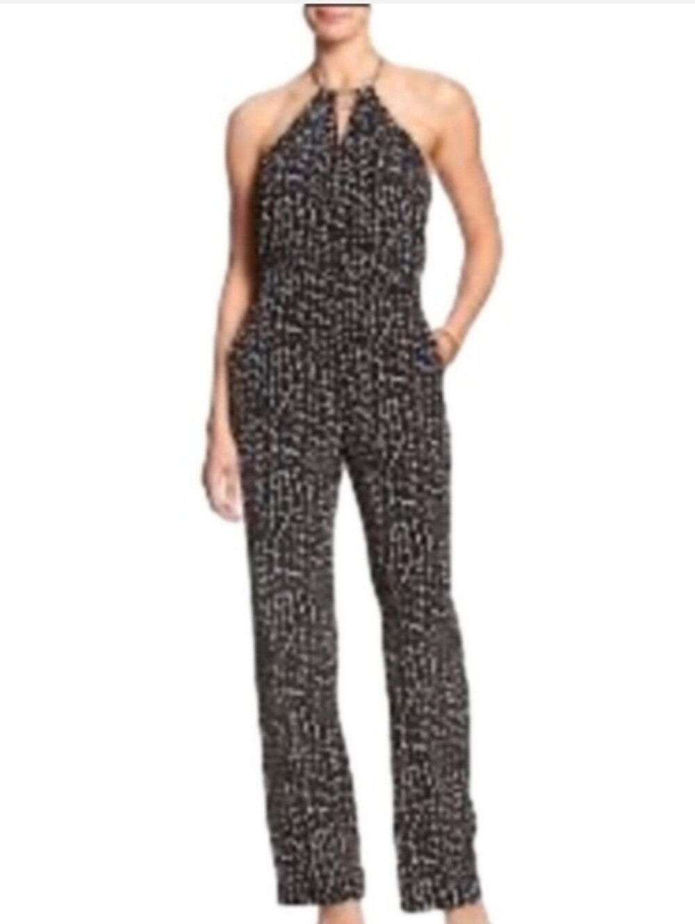 NWT Banana Republic Halter Jumpsuit Black Beige Animal Print Wide Leg Pockets